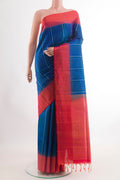 Blue Soft Silk Saree with Stripes on the body and Zari Border.  displayed on a mannequin