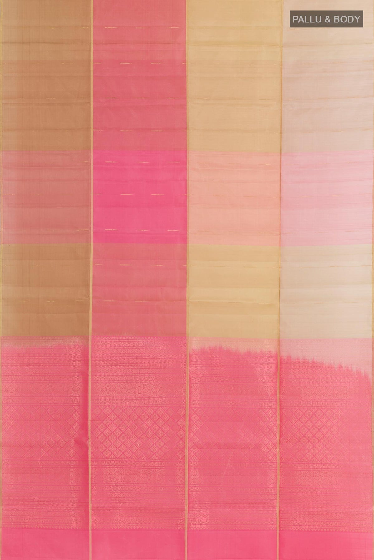 Flat view of Multi Color Soft Silk Saree with Zari Butta on the body and Zari Border. 