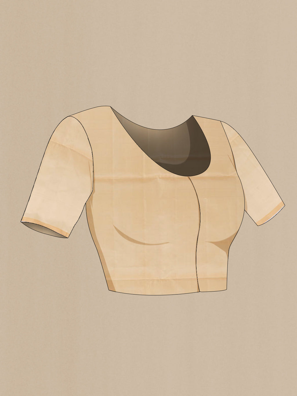 Close up image of the blouse of Beige Soft Silk Saree with Stripes on the body and Zari Border. 
