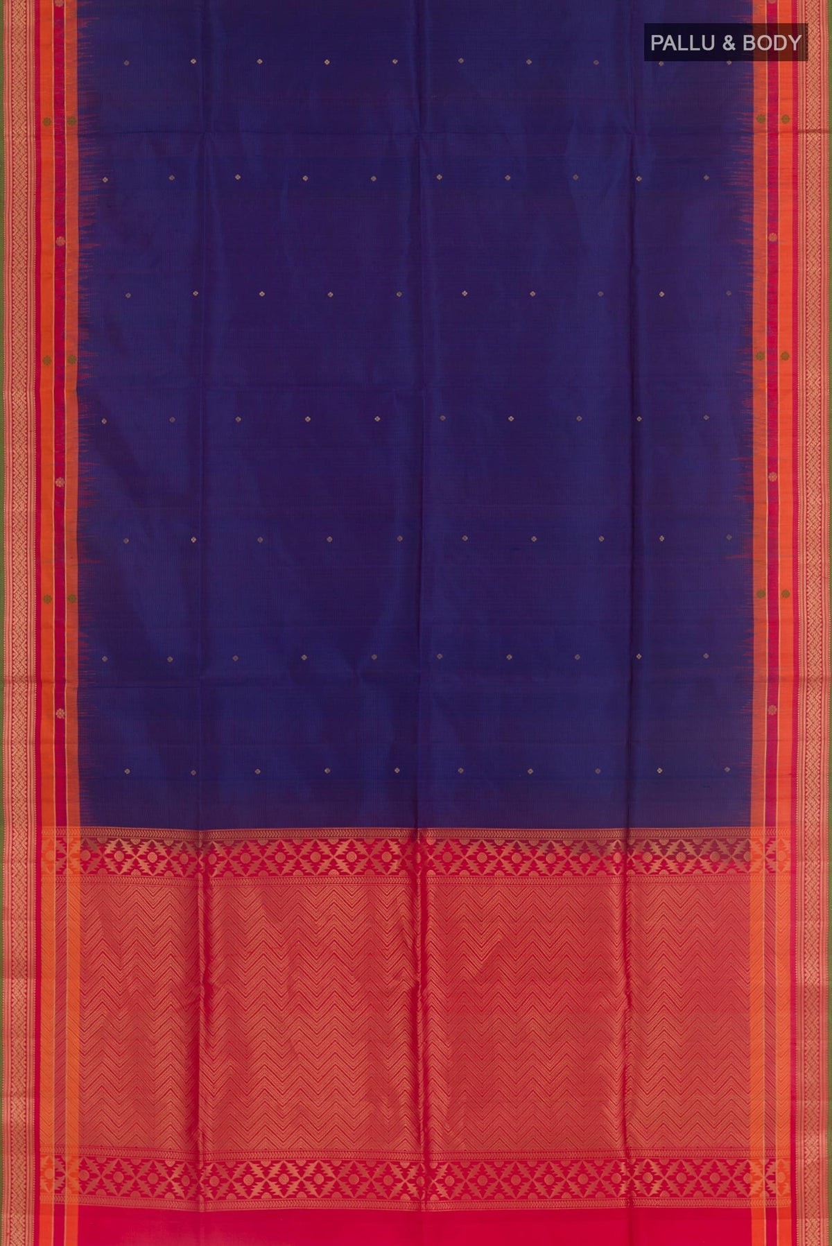 Flat view of Blue Soft Silk Saree with Zari Butta on the body and Zari Border. 