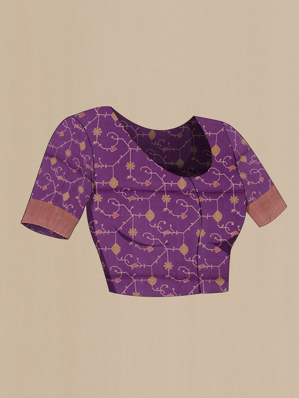 Close up image of the blouse of Purple Tussar Saree with Thread Butta on the body and Zari Border. 