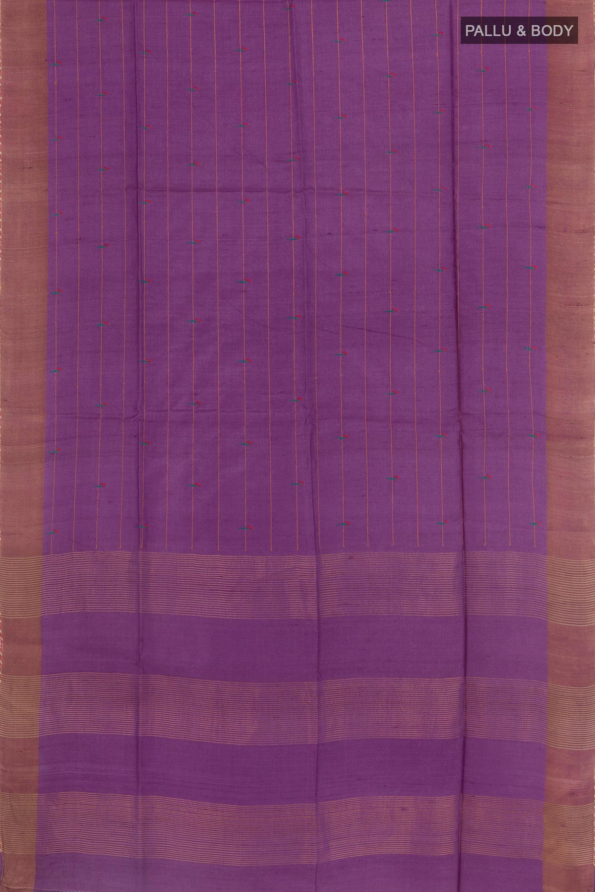 Flat view of Purple Tussar Saree with Thread Butta on the body and Zari Border. 