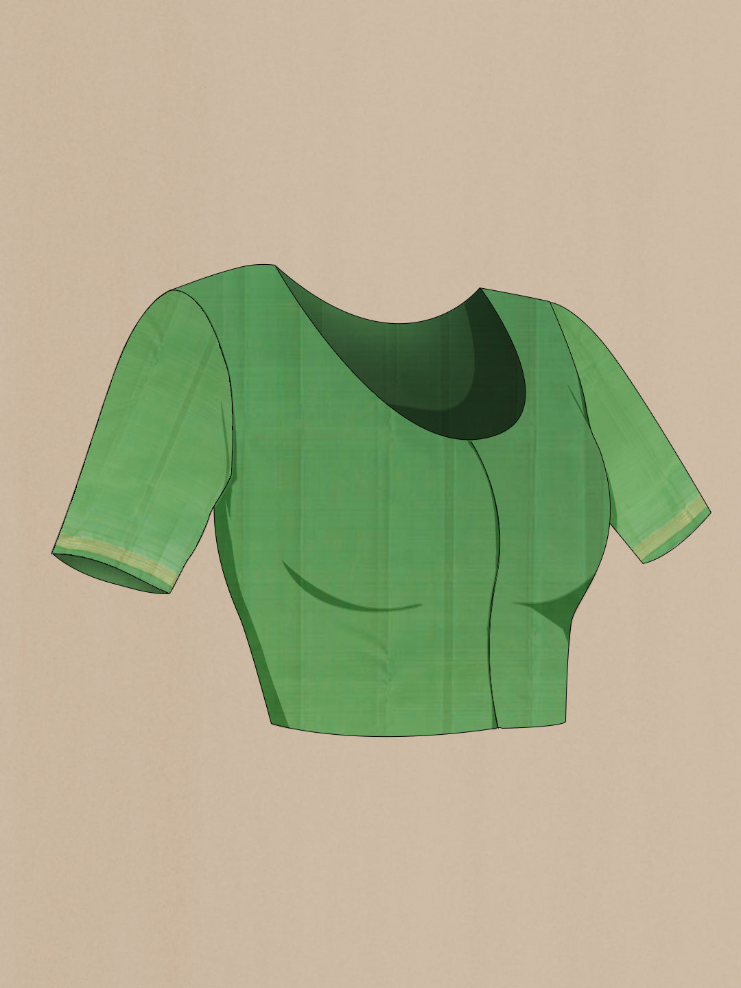 Close up image of the blouse of Pista Green Kanchipuram Silk Saree with Zari Butta on the body and Zari Border. 