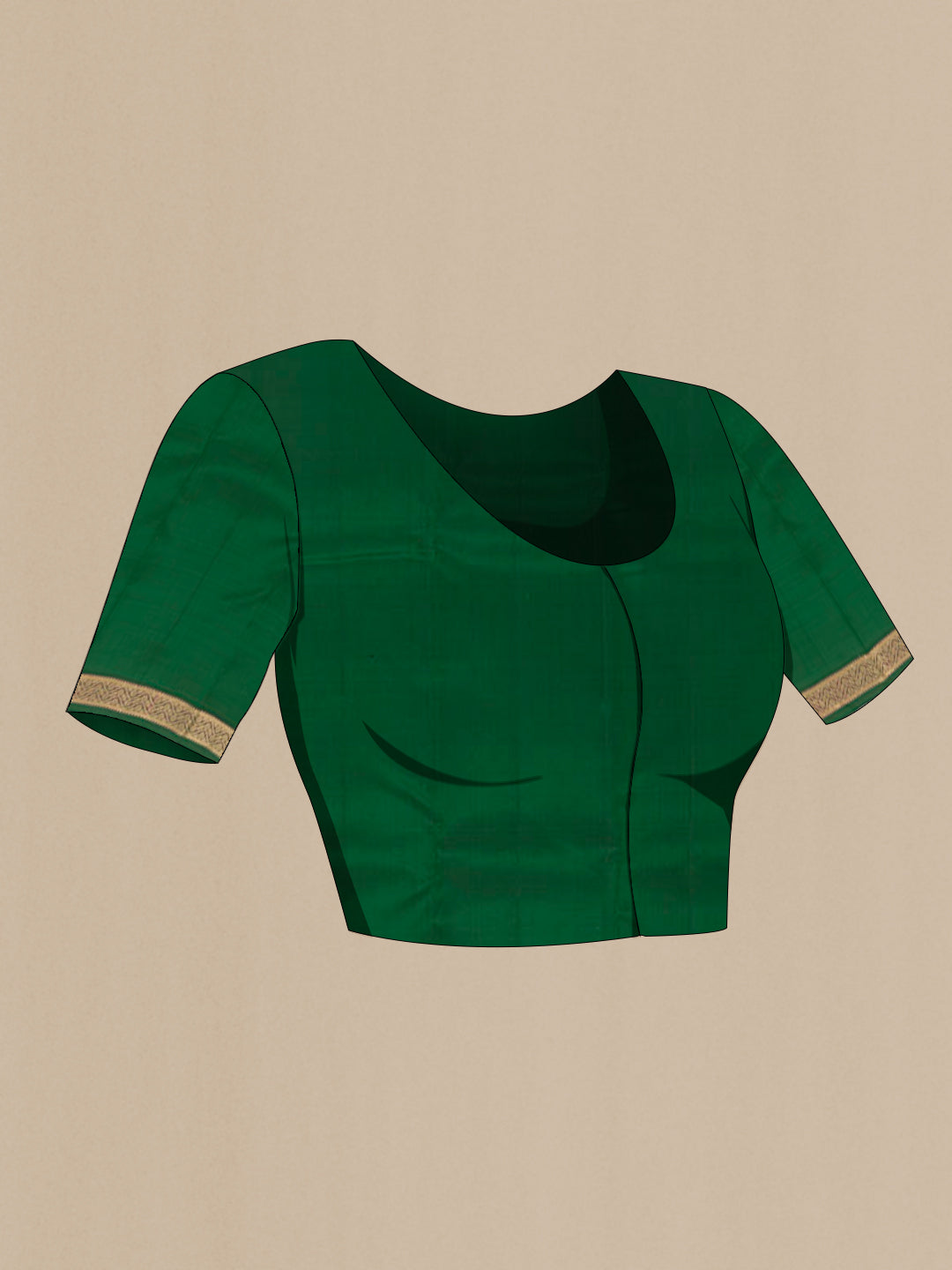 Close up image of the blouse of Green Kanchipuram Silk Saree with Zari Butta on the body and Zari Border. 