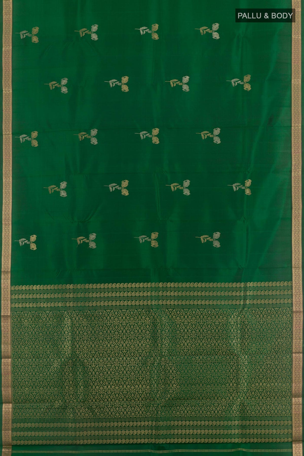 Flat view of Green Kanchipuram Silk Saree with Zari Butta on the body and Zari Border. 