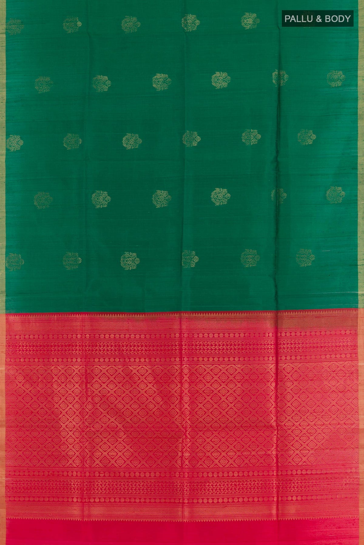 Flat view of Green Raw Silk Saree with Zari Butta on the body and Zari Border. 