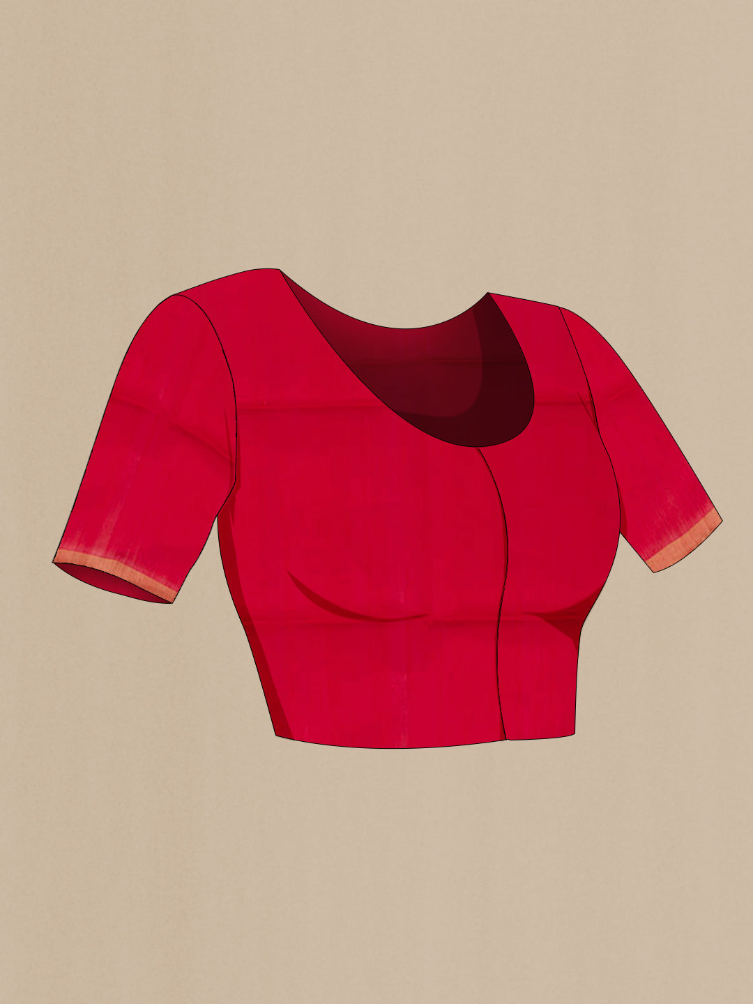 Close up image of the blouse of Red Raw Silk Saree with Plain Body and Zari Border. 