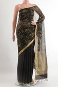 Black Raw Silk Saree with Plain Body and Zari Border.  displayed on a mannequin