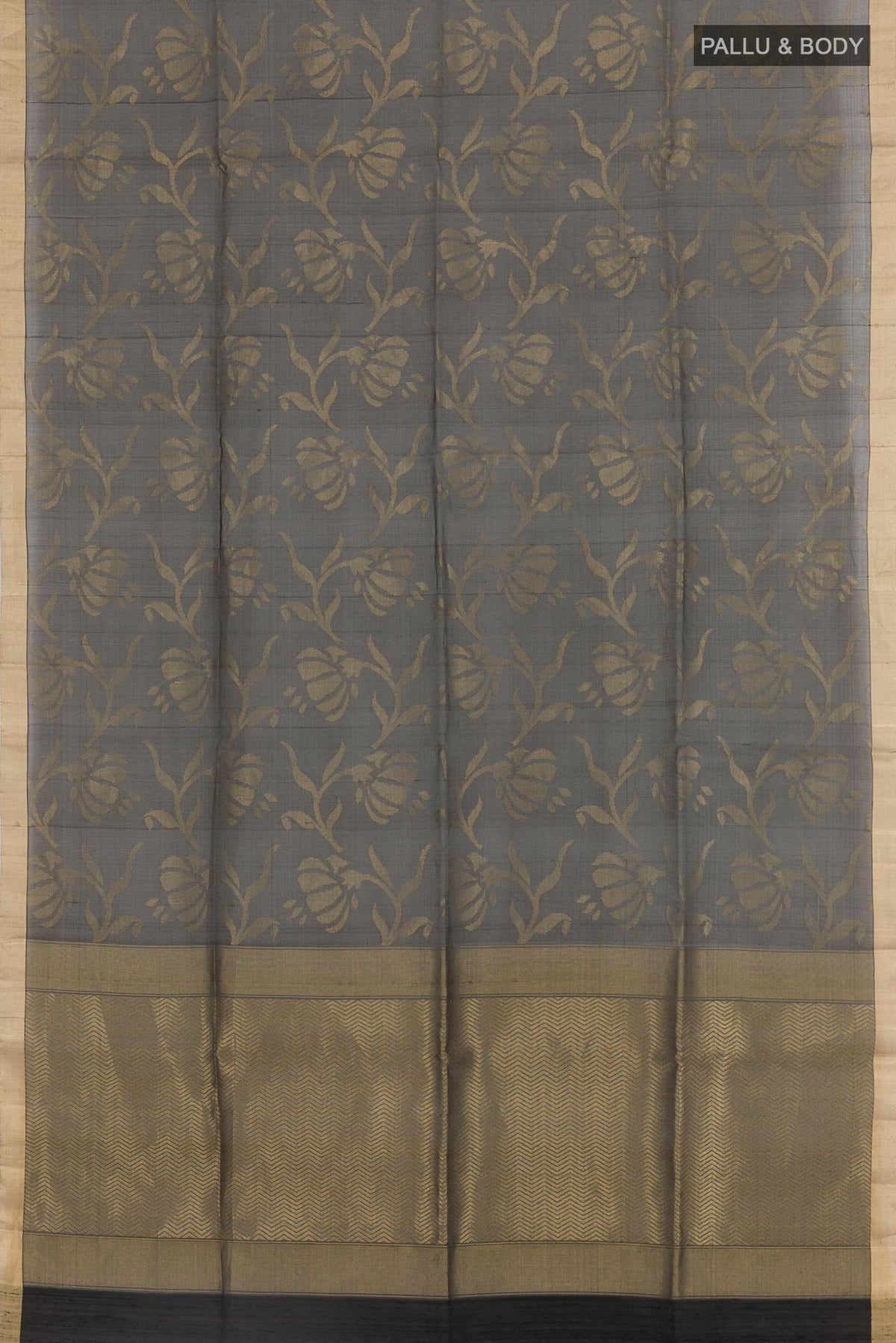 Flat view of Black Raw Silk Saree with Plain Body and Zari Border. 