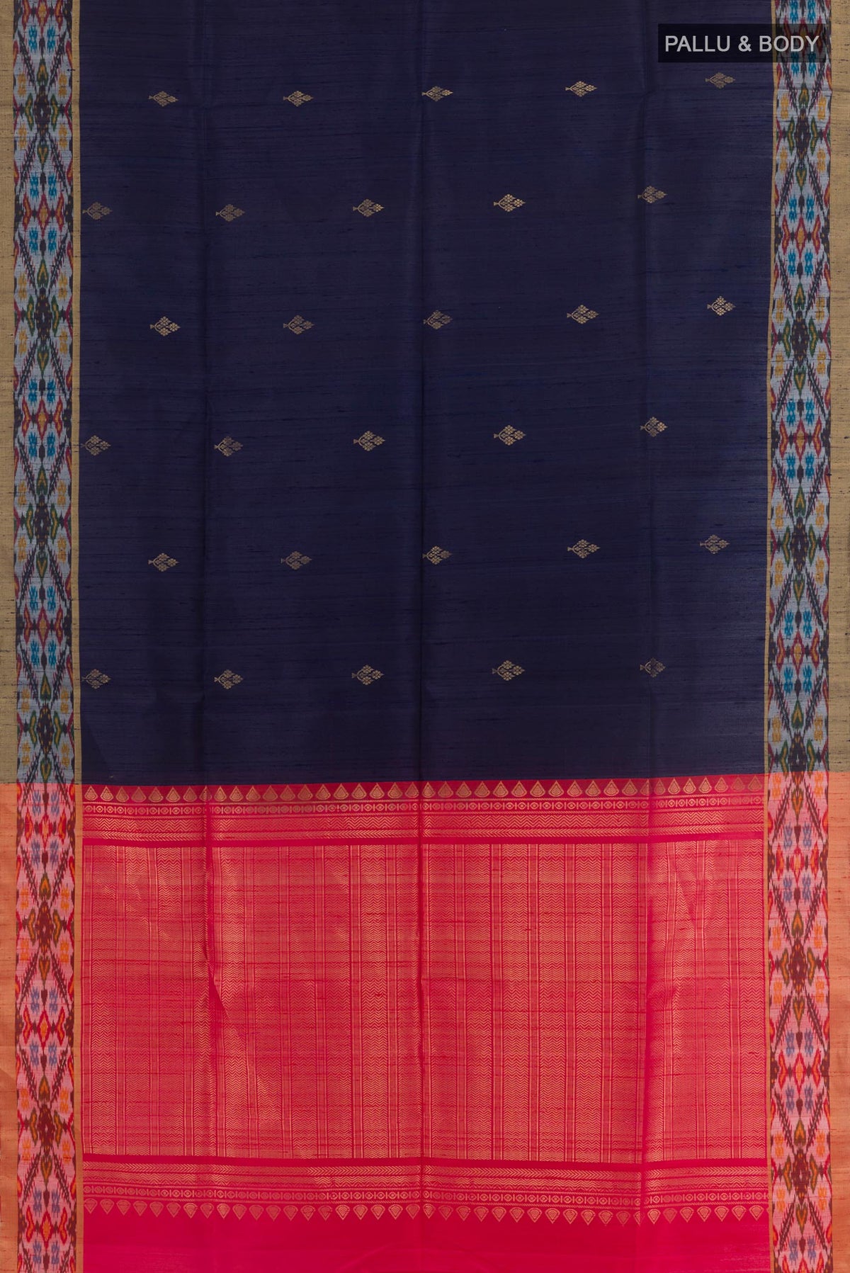 Flat view of Blue Raw Silk Saree with Zari Butta on the body and Zari Border. 