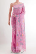 Pink Tussar Saree with Thread Butta on the body and Embroidery Border.  displayed on a mannequin