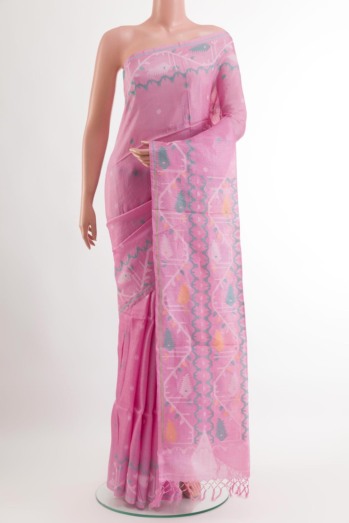 Pink Tussar Saree with Thread Butta on the body and Embroidery Border.  displayed on a mannequin