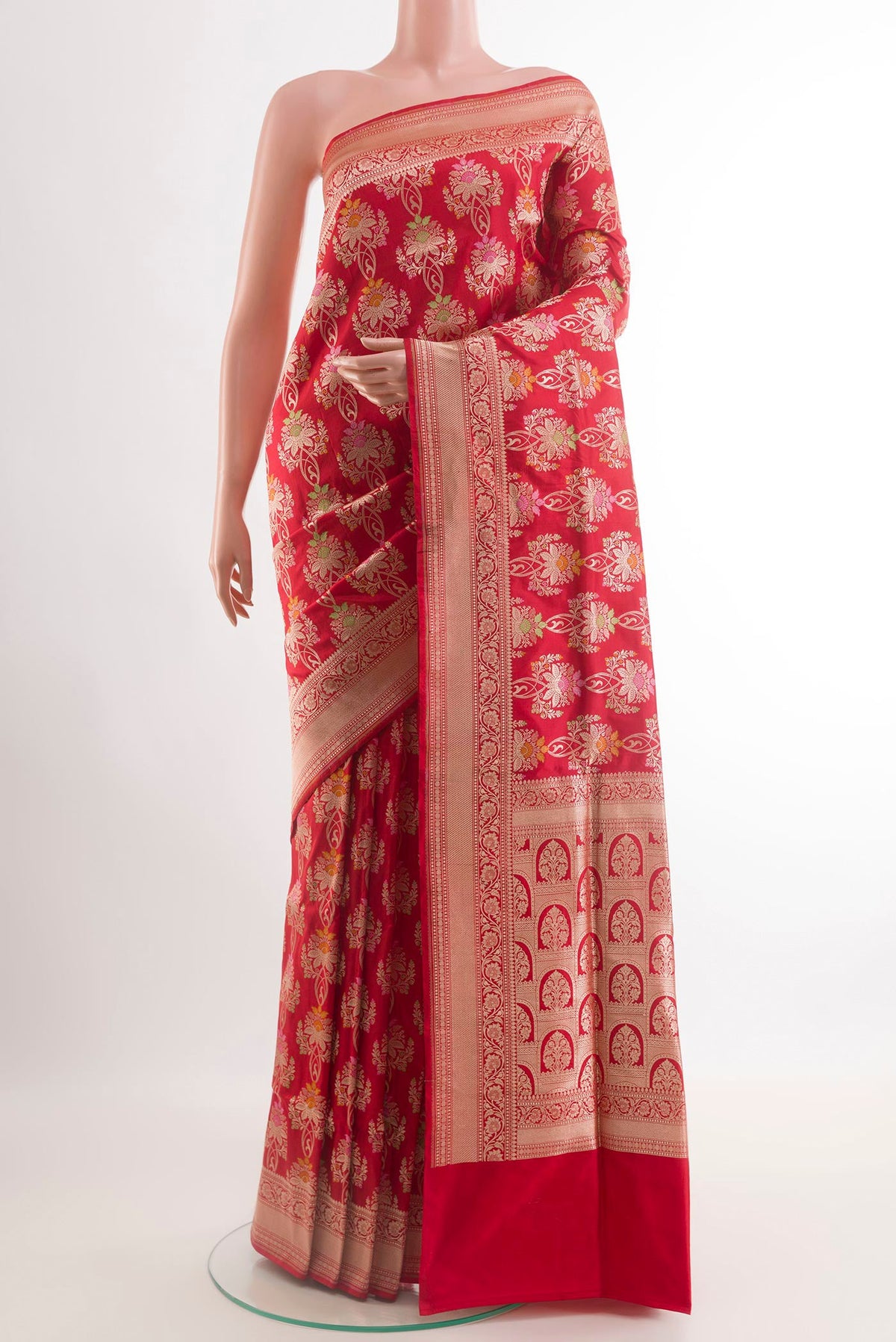 Red Banarasi Silk Saree with Zari Brocade on the body and Zari Border.  displayed on a mannequin