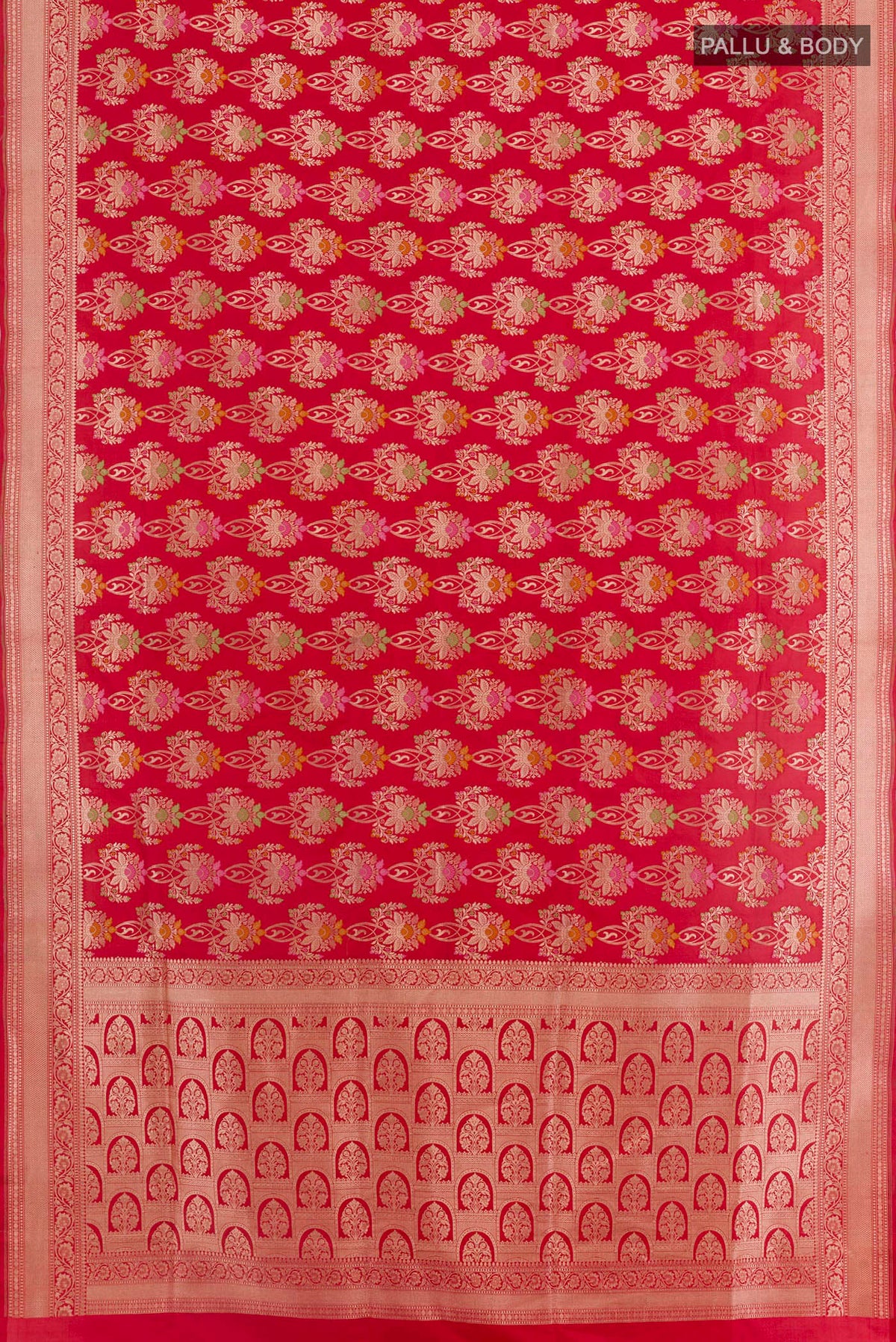 Flat view of Red Banarasi Silk Saree with Zari Brocade on the body and Zari Border. 