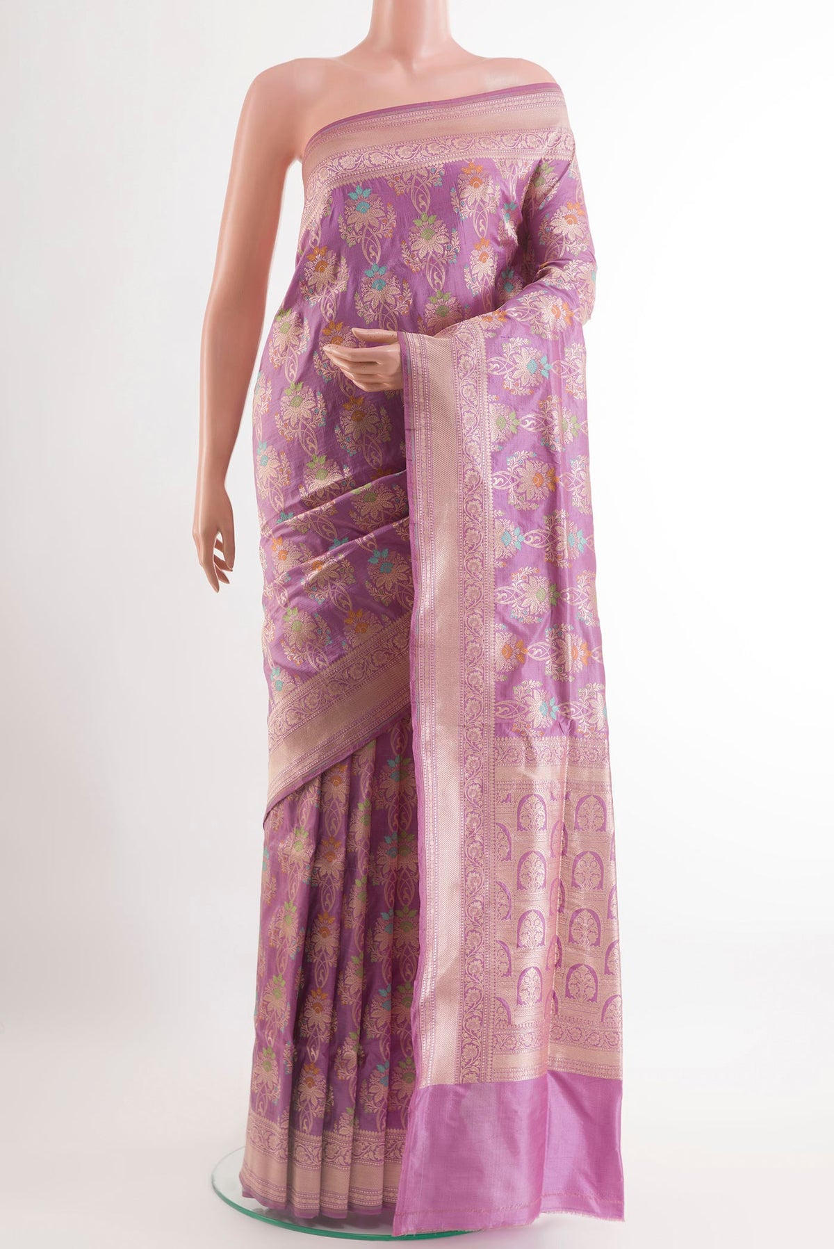 Lavender Banarasi Silk Saree with Zari Brocade on the body and Zari Border.  displayed on a mannequin