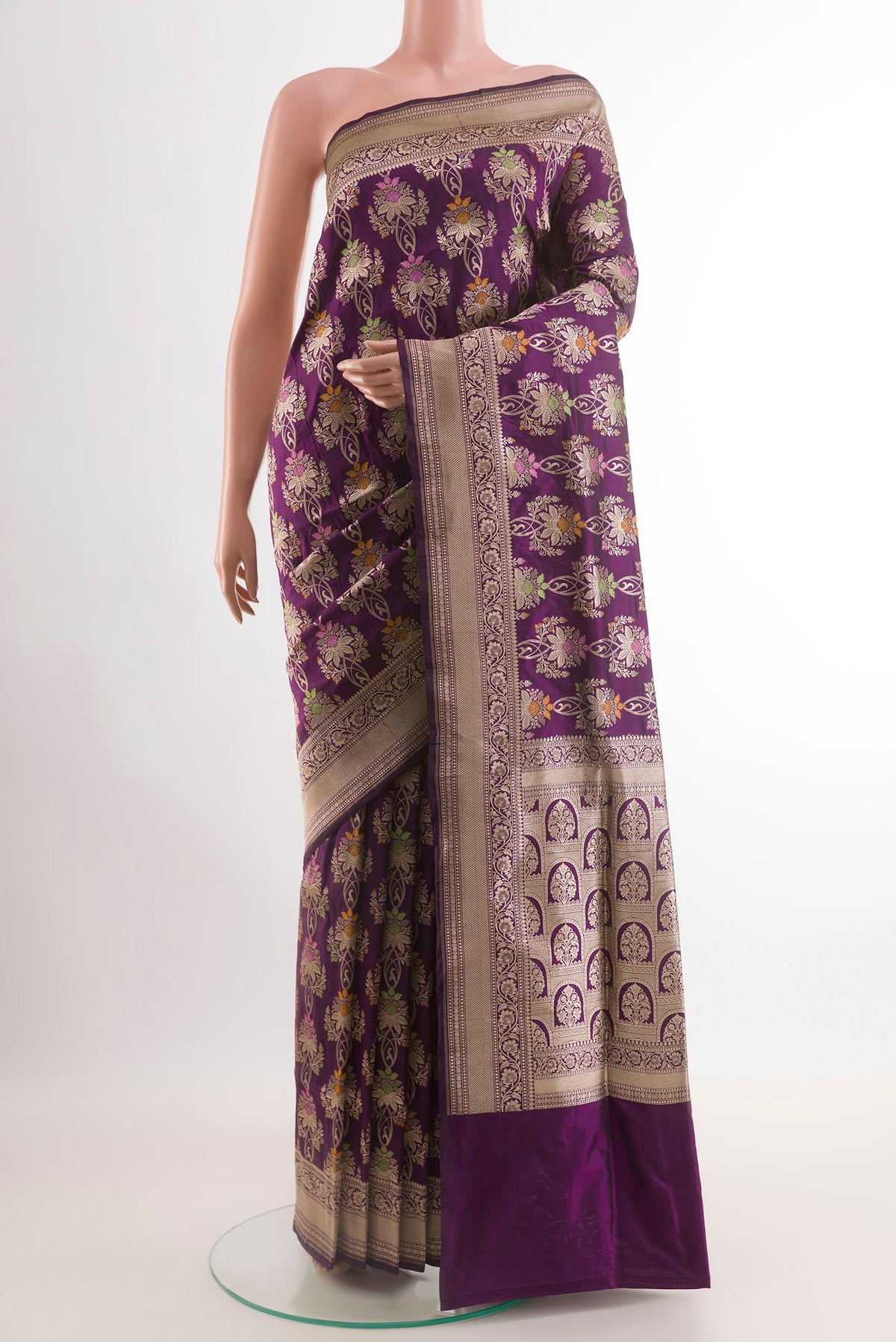 Purple Banarasi Silk Saree with Zari Brocade on the body and Zari Border.  displayed on a mannequin