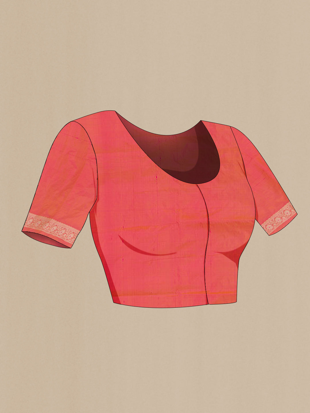 Close up image of the blouse of Peach Banarasi Silk Saree with Zari Brocade on the body and Zari Border. 
