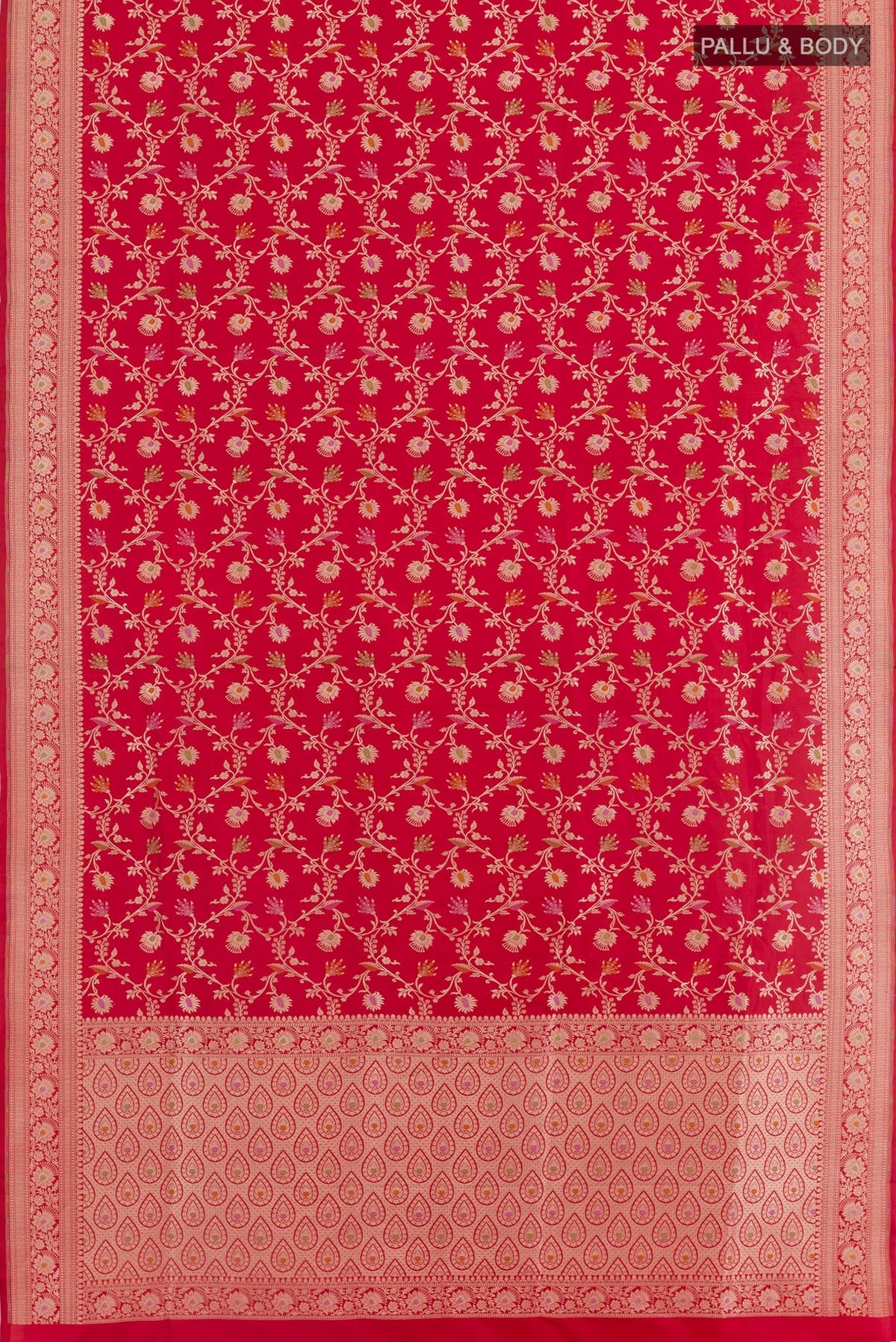 Flat view of Red Banarasi Silk Saree with Zari Brocade on the body and Zari Border. 