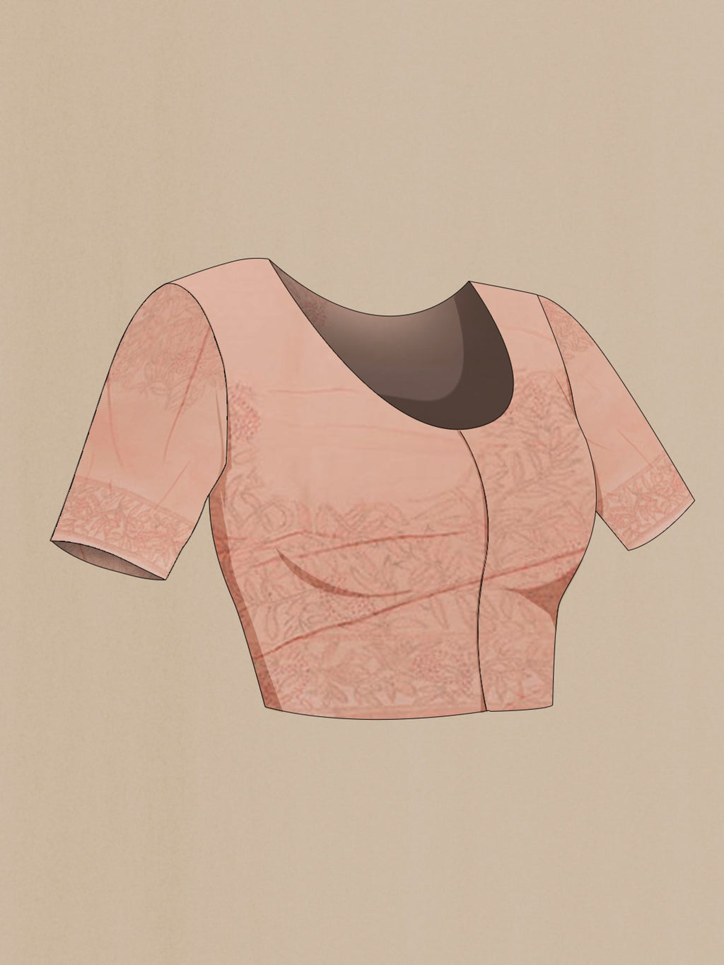 Close up image of the blouse of Peach Organza Silk Saree with Zari Butta on the body and Embroidery Border. 