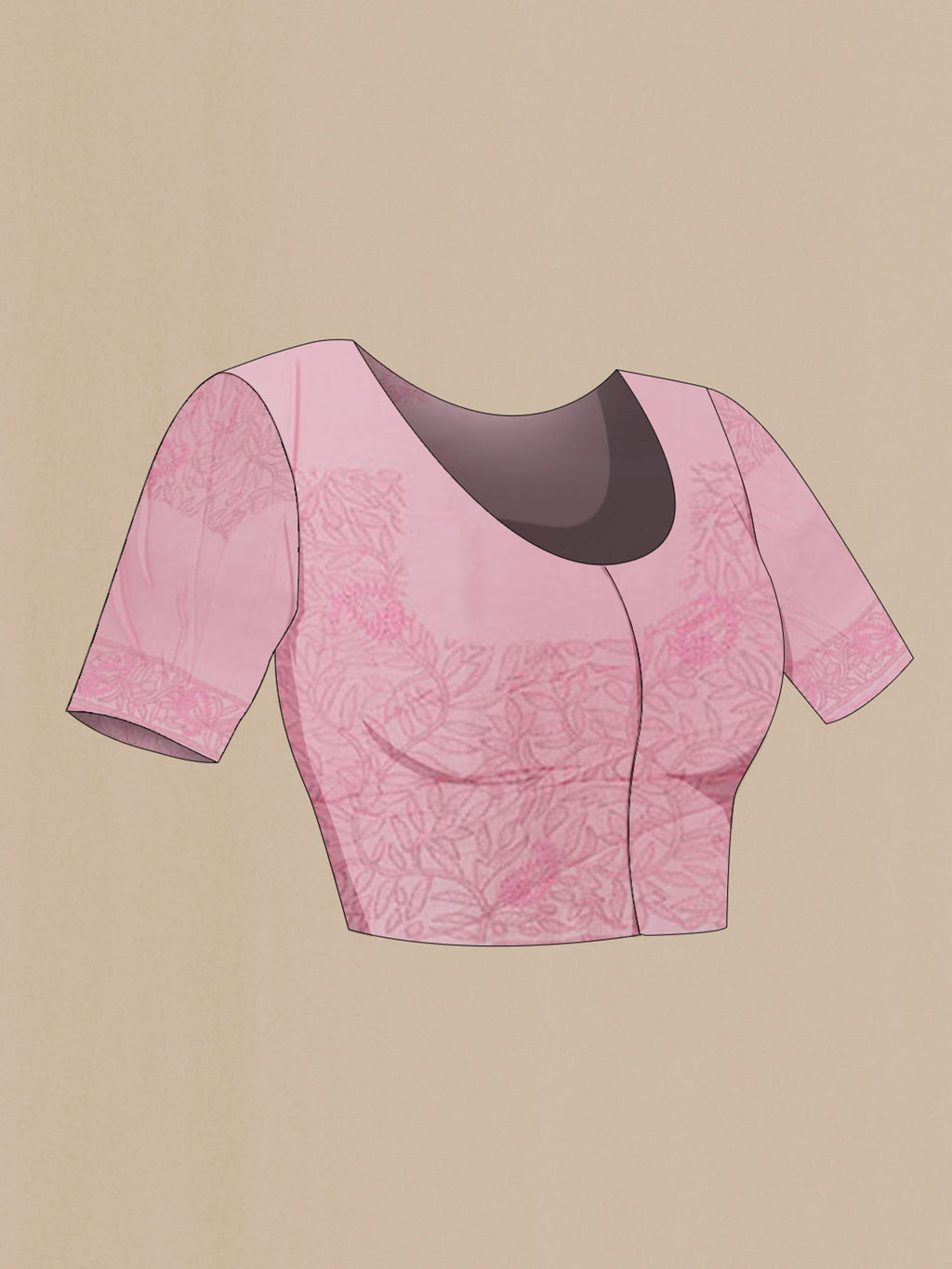 Close up image of the blouse of Pink Organza Silk Saree with Zari Butta on the body and Embroidery Border. 