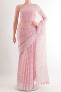 Pink Organza Silk Saree with Zari Butta on the body and Embroidery Border.  displayed on a mannequin