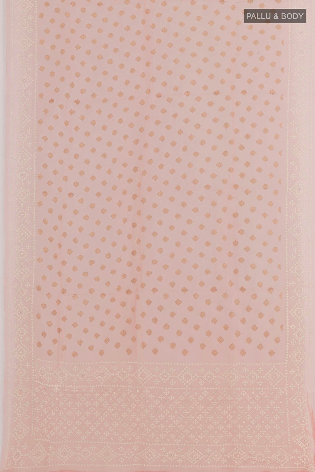 Flat view of Pink Organza Silk Saree with Zari Butta on the body and Embroidery Border. 