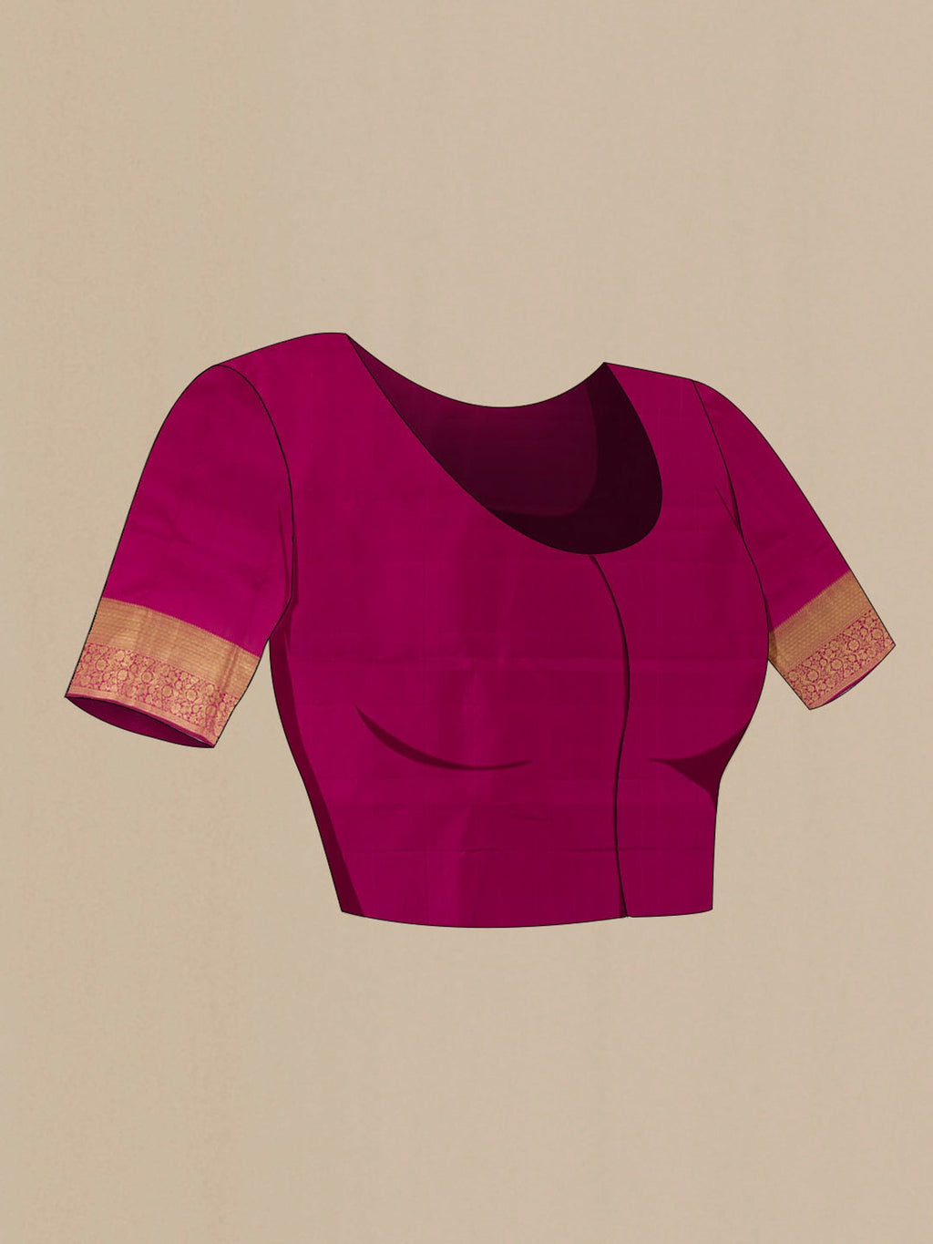 Close up image of the blouse of Purple Kanchipuram Silk Saree with Zari Brocade on the body and Zari Border. 