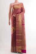 Purple Kanchipuram Silk Saree with Zari Brocade on the body and Zari Border.  displayed on a mannequin