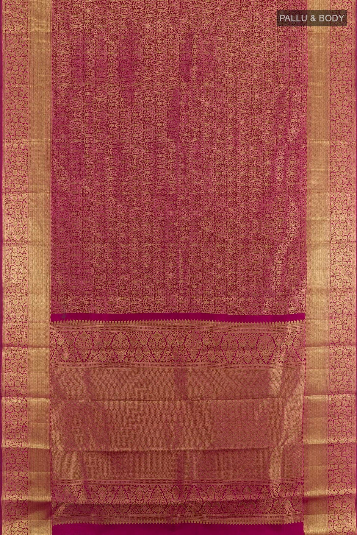 Flat view of Purple Kanchipuram Silk Saree with Zari Brocade on the body and Zari Border. 
