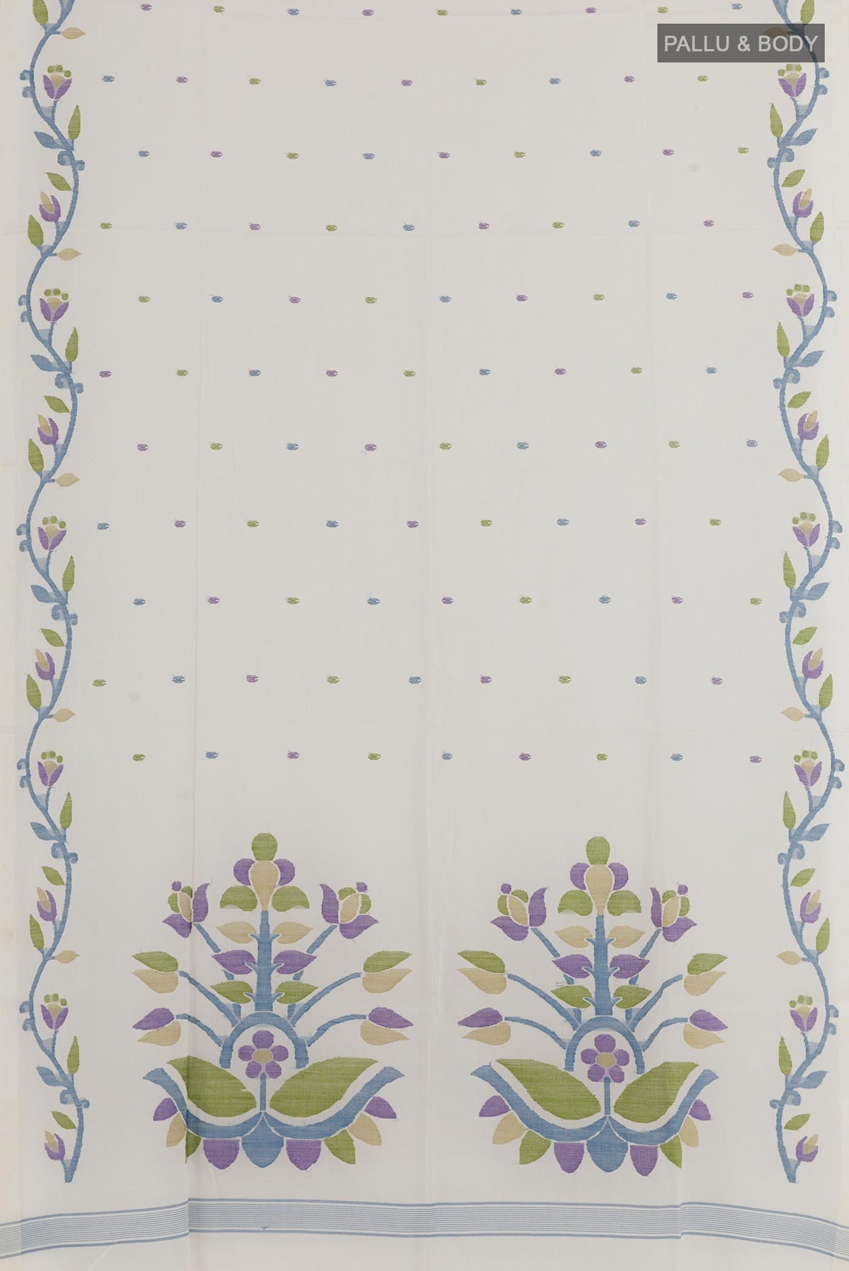 Flat view of Off White Mul Cotton Saree with Embroidery on the body and Plain Border. 