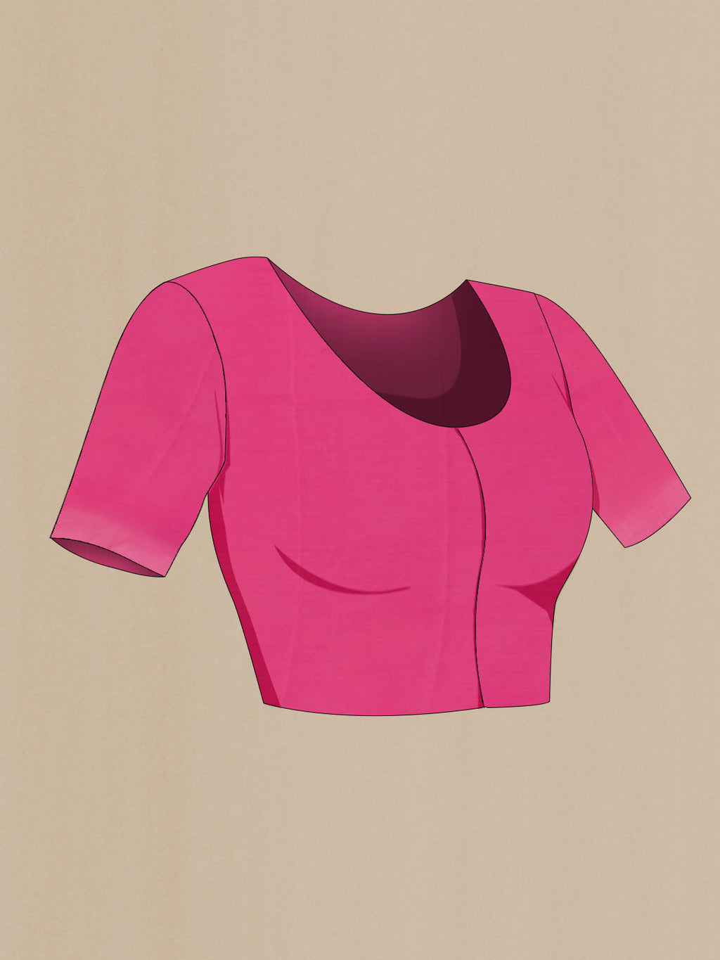 Close up image of the blouse of Pink Chiffon Saree with Printed design on the body and Plain Border. 