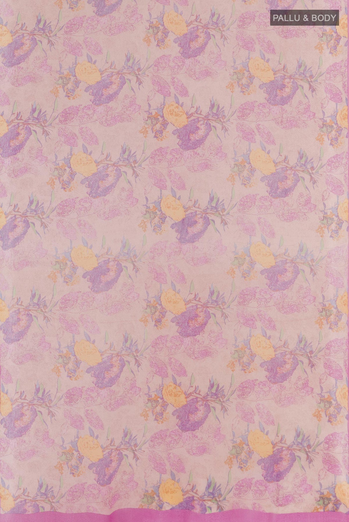 Flat view of Lavender Chiffon Saree with Printed design on the body and Plain Border. 