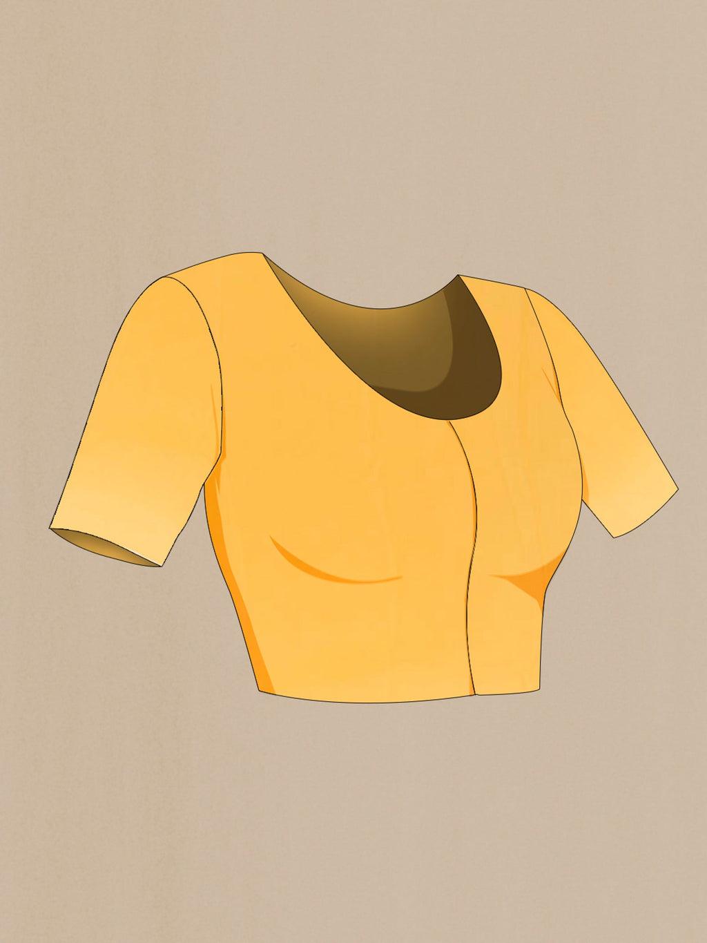 Close up image of the blouse of Yellow Mysore Chiffon Saree with Printed design on the body and Plain Border. 