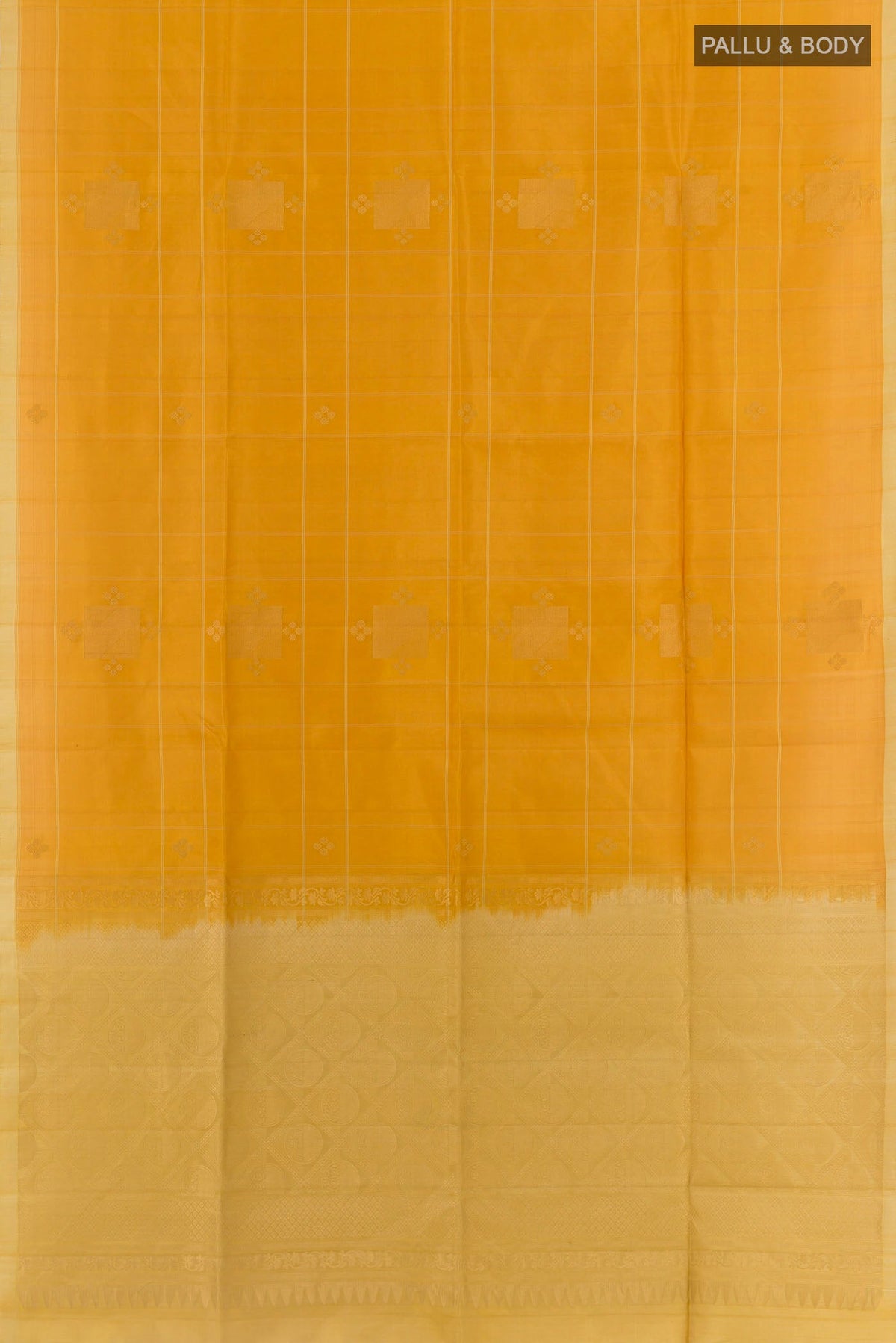 Flat view of Yellow Soft Silk Saree with Zari Butta on the body and Zari Border. 