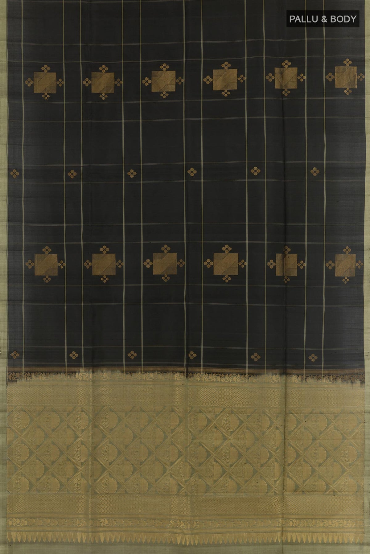 Flat view of Black Soft Silk Saree with Zari Butta on the body and Zari Border. 