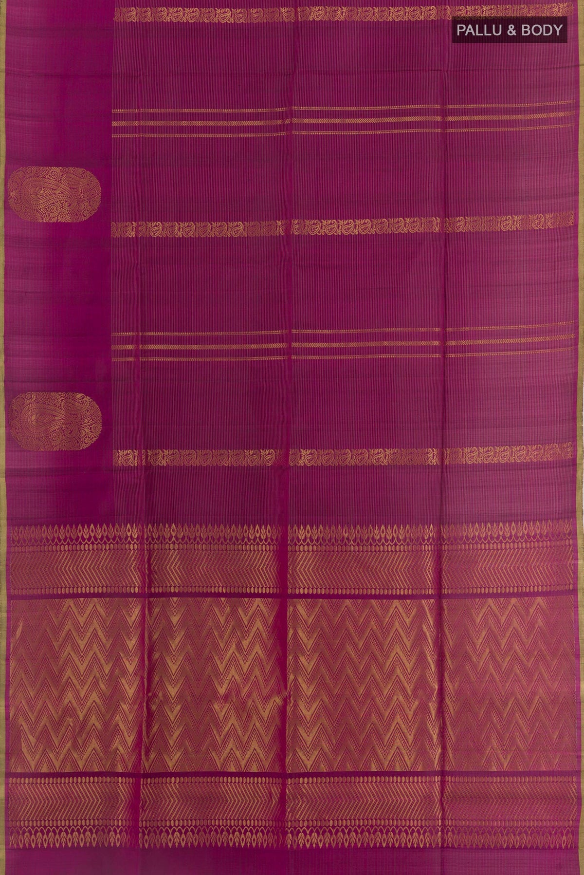 Flat view of Purple Soft Silk Saree with Zari Butta on the body and Zari Border. 
