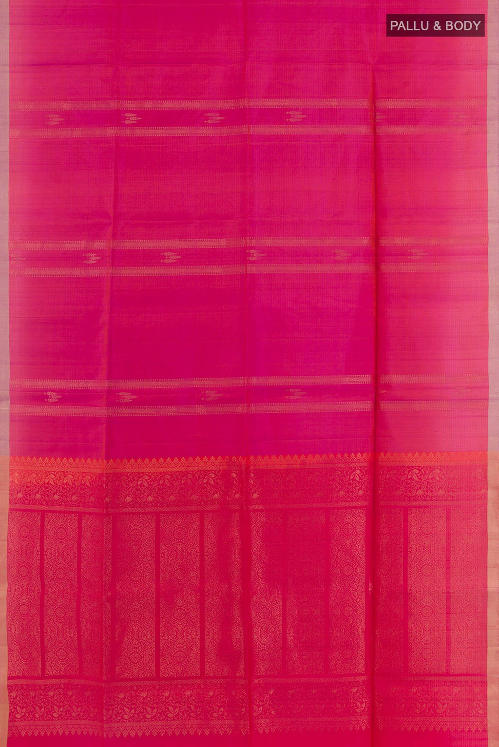 Flat view of Pink Soft Silk Saree with Zari Butta on the body and Zari Border. 