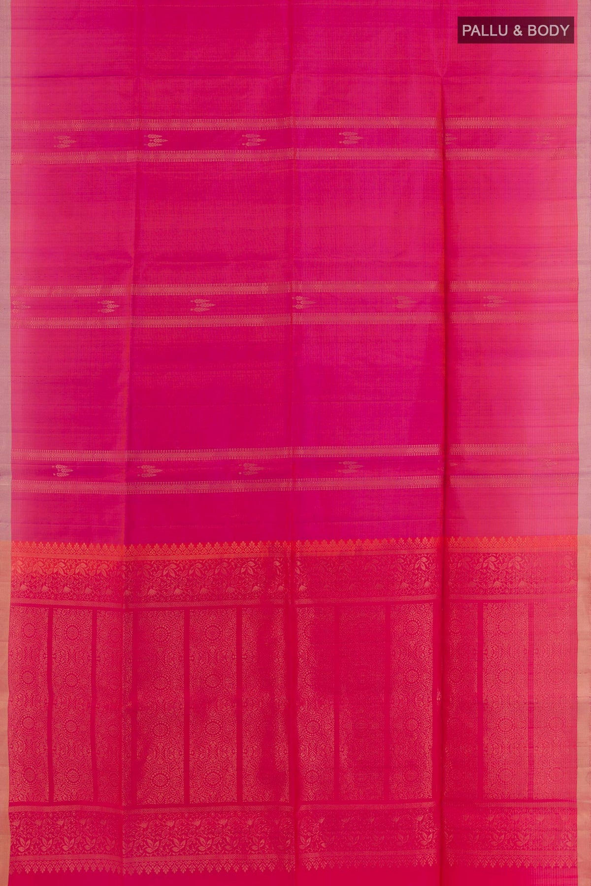 Flat view of Pink Soft Silk Saree with Zari Butta on the body and Zari Border. 