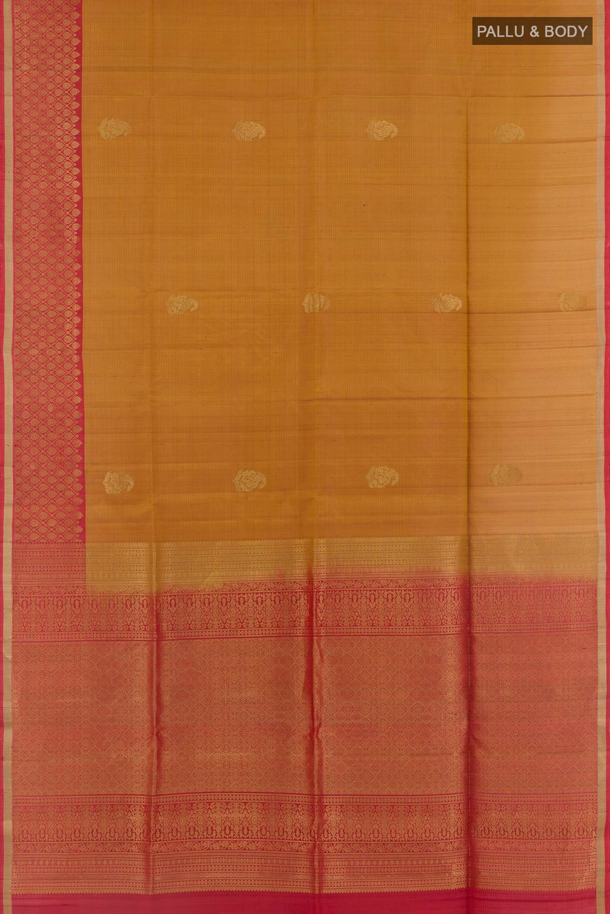 Flat view of Mustard Soft Silk Saree with Stripes on the body and Zari Border. 