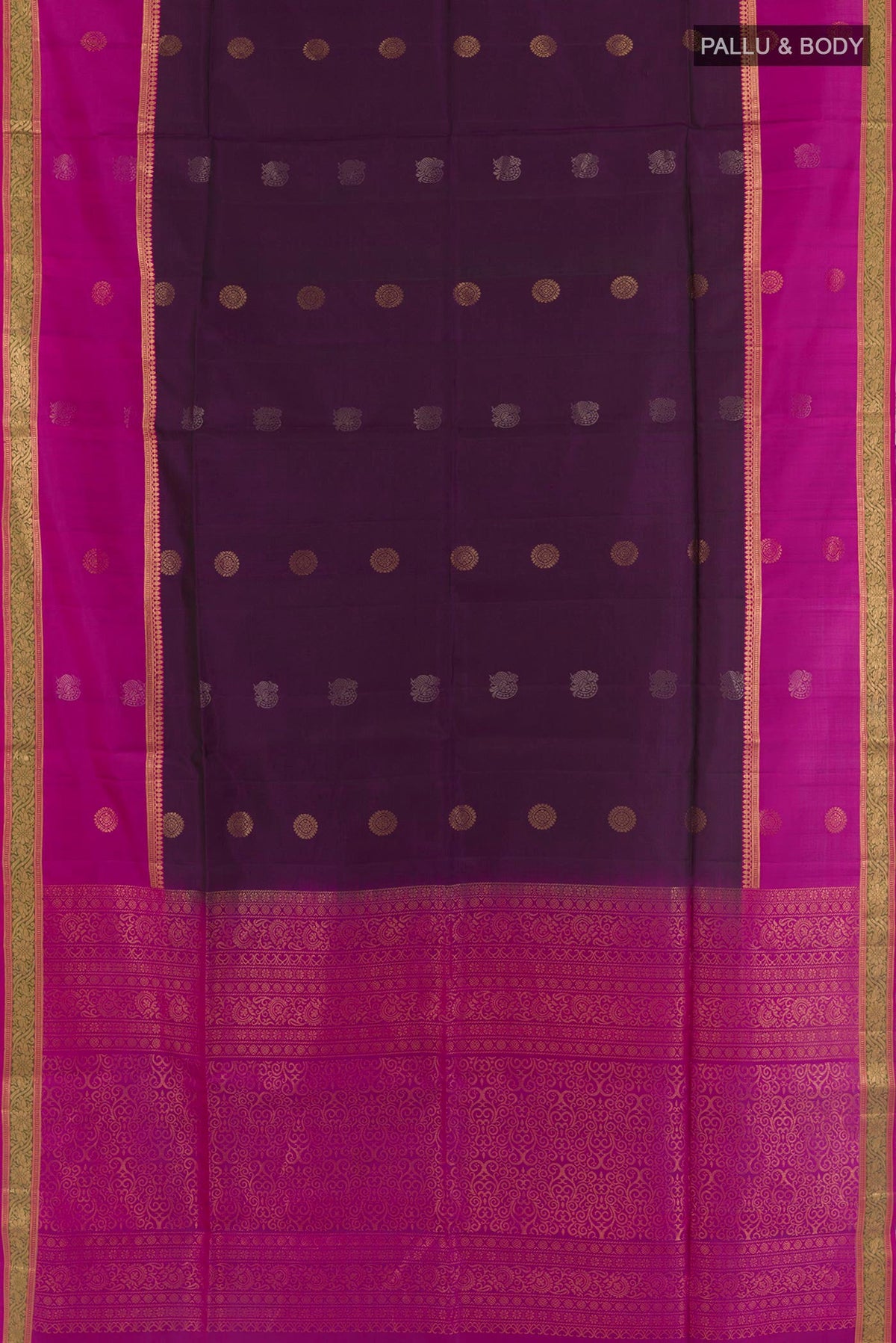 Flat view of Purple Soft Silk Saree with Zari Butta on the body and Zari Border. 