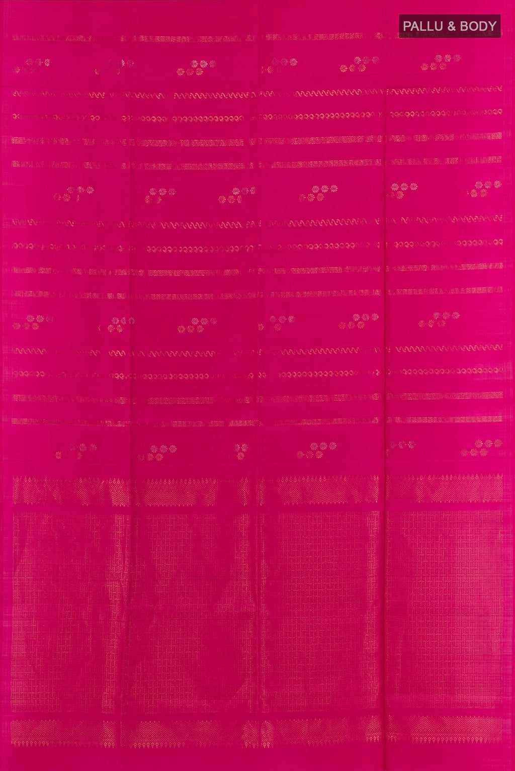 Flat view of Pink Soft Silk Saree with Zari Butta on the body and Zari Border. 