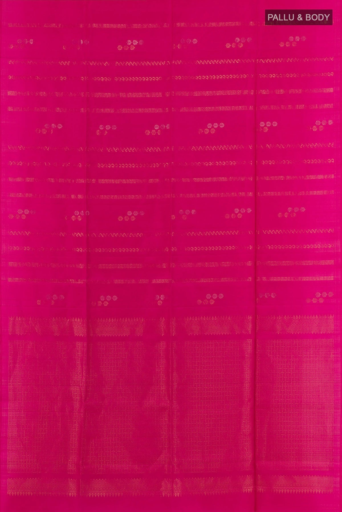 Flat view of Pink Soft Silk Saree with Zari Butta on the body and Zari Border. 