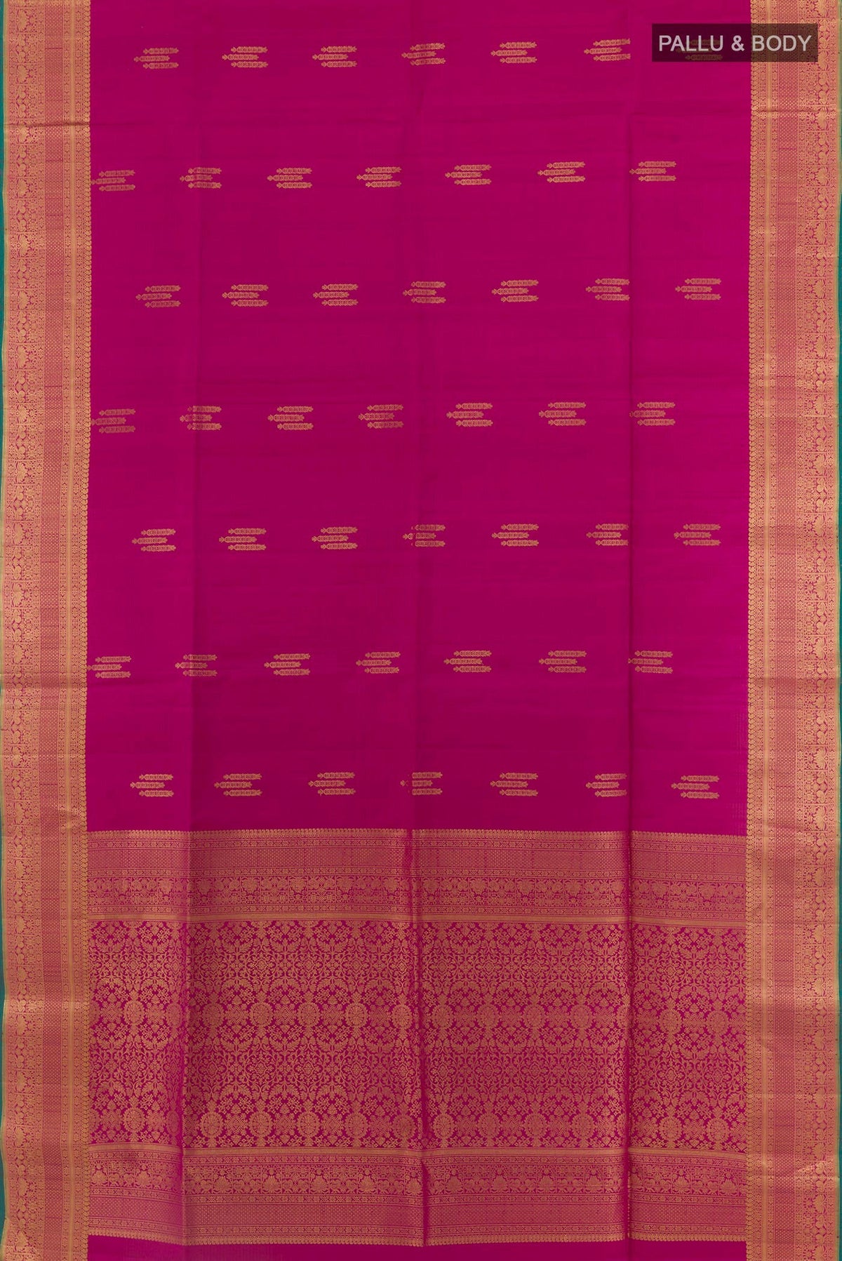 Flat view of Purple Soft Silk Saree with Zari Butta on the body and Zari Border. 