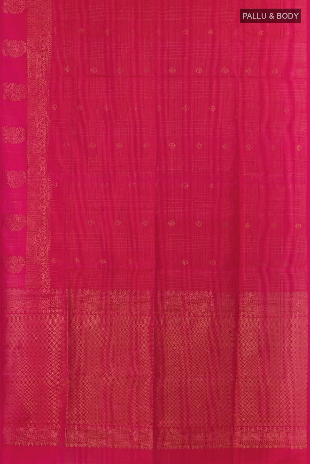 Flat view of Pink Soft Silk Saree with Stripes on the body and Zari Border. 