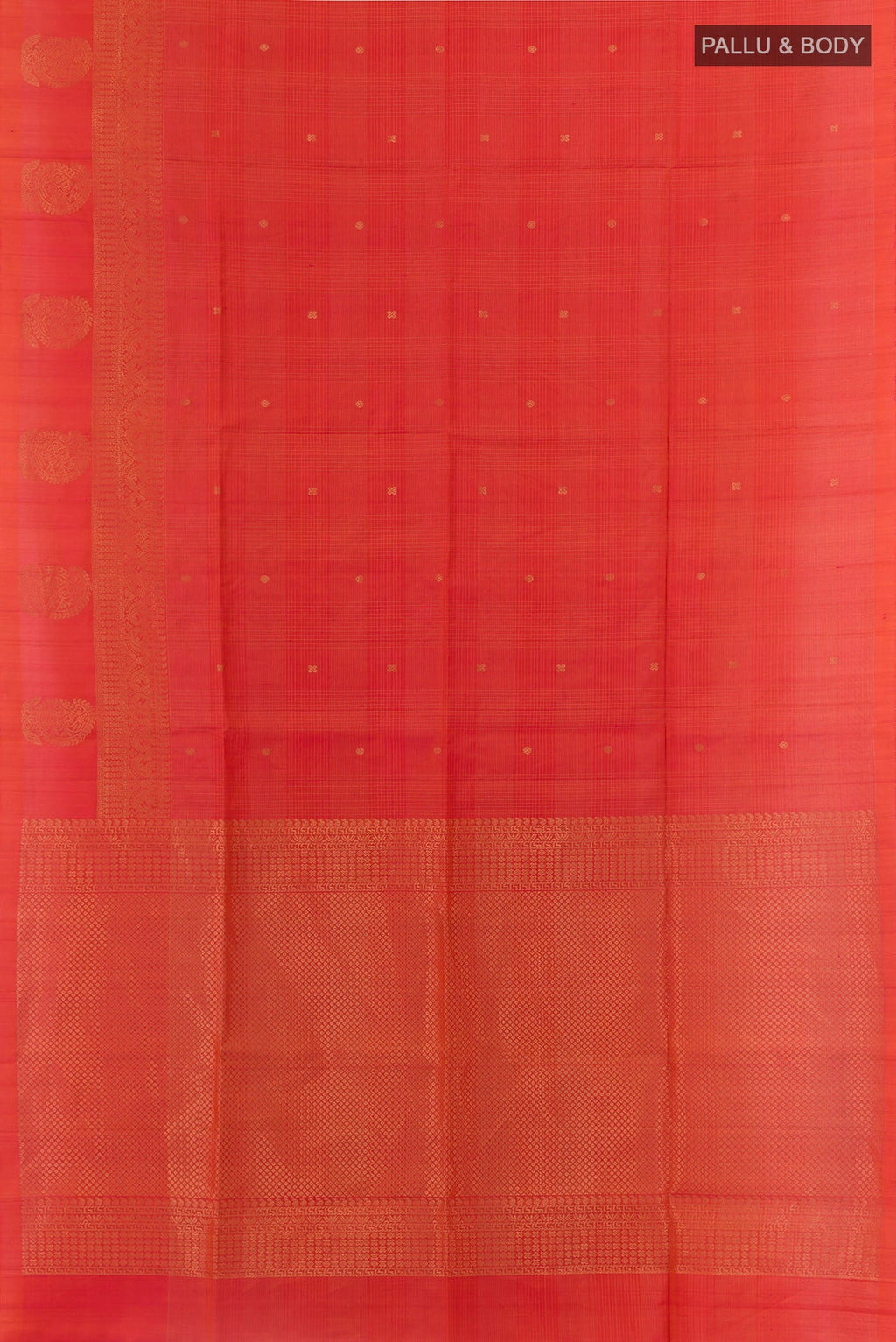 Flat view of Orange Soft Silk Saree with Zari Butta on the body and Zari Border. 