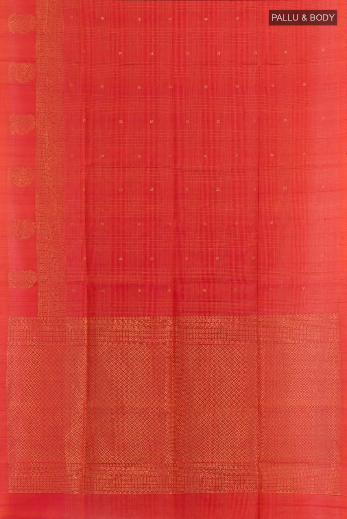 Flat view of Orange Soft Silk Saree with Zari Butta on the body and Zari Border. 
