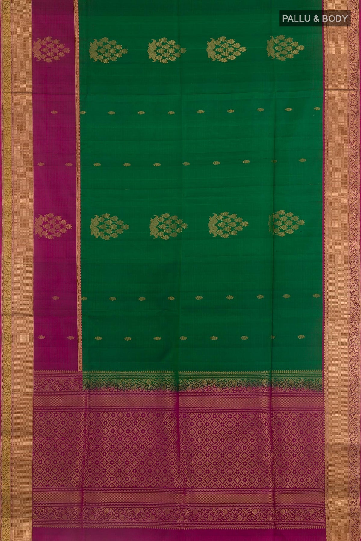 Flat view of Green Soft Silk Saree with Ikat design on the body and Zari Border. 