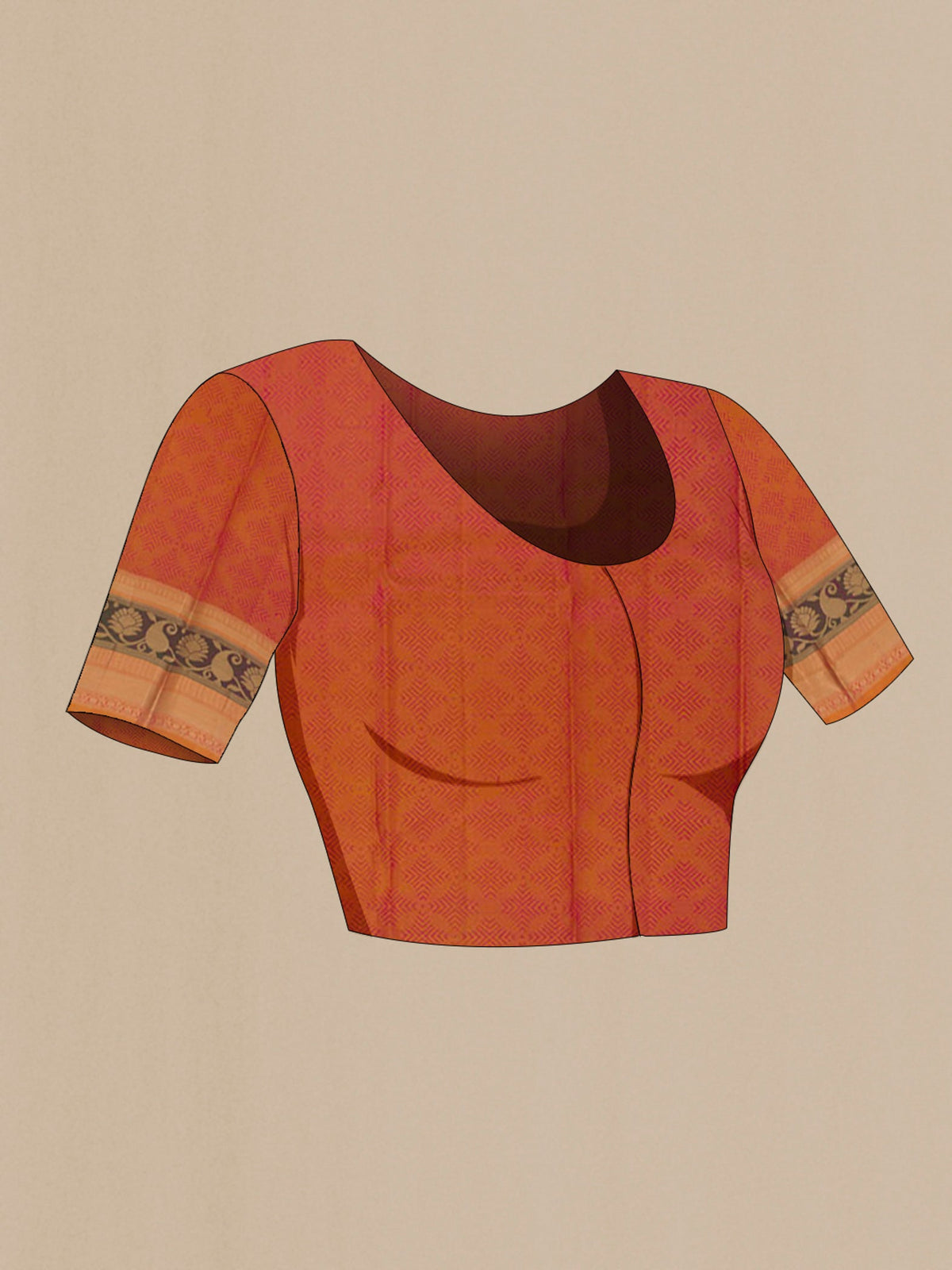 Close up image of the blouse of Pink Kanchipuram Silk Saree with Jacquard With Zari Butta on the body and Zari Border. 