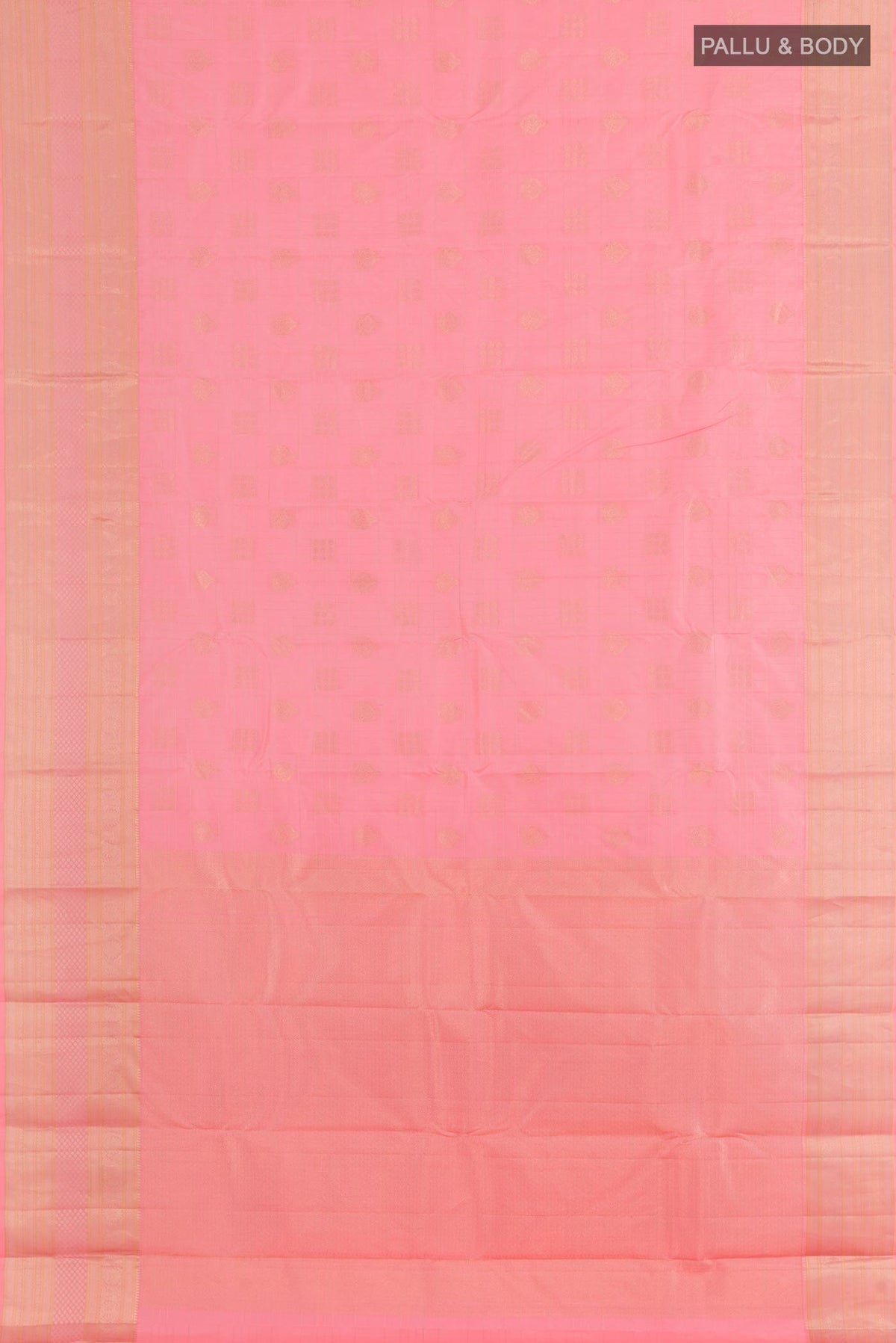 Flat view of Pink Kanjivaram Silk Saree with Zari Butta on the body and Zari Border. 