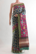 Multi Color Tussar Saree with Printed design on the body and Zari Border.  displayed on a mannequin